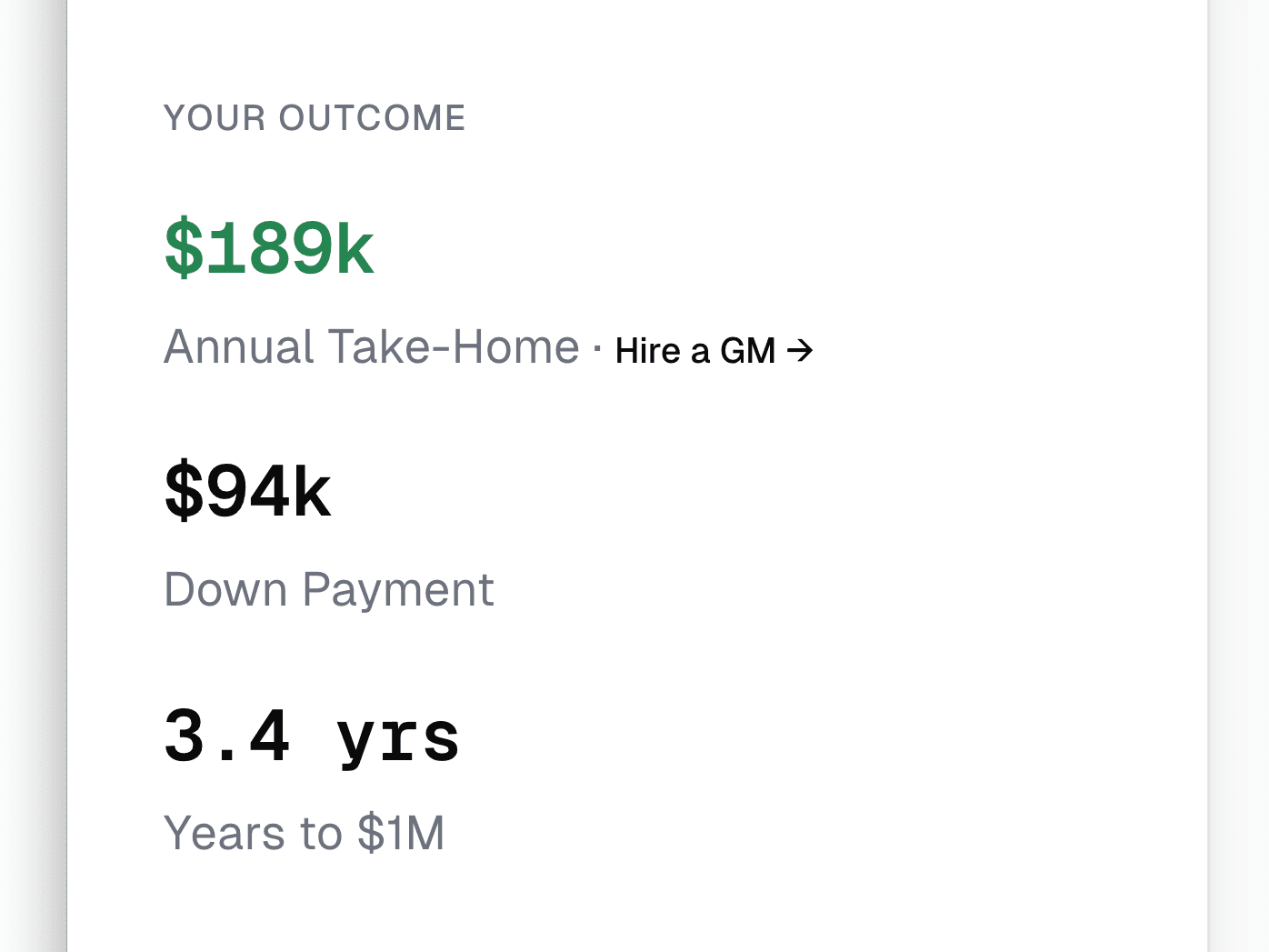 Ownership projection showing financial path and future business outcomes