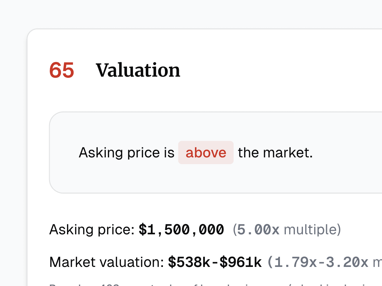 Deal analysis highlighting key issues and important factors for the specific listing